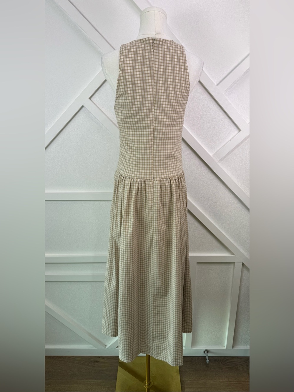 NWT Abercrombie & Fitch High Neck Drop Waist Midi Dress Light Brown Check Med - Picture 7 of 12